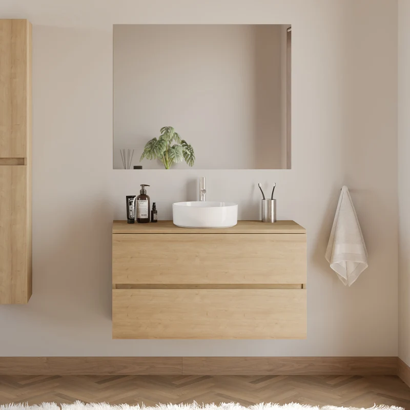 Meuble de salle de bain 90cm avec plateau et vasque à poser ronde - 2 tiroirs - IDA