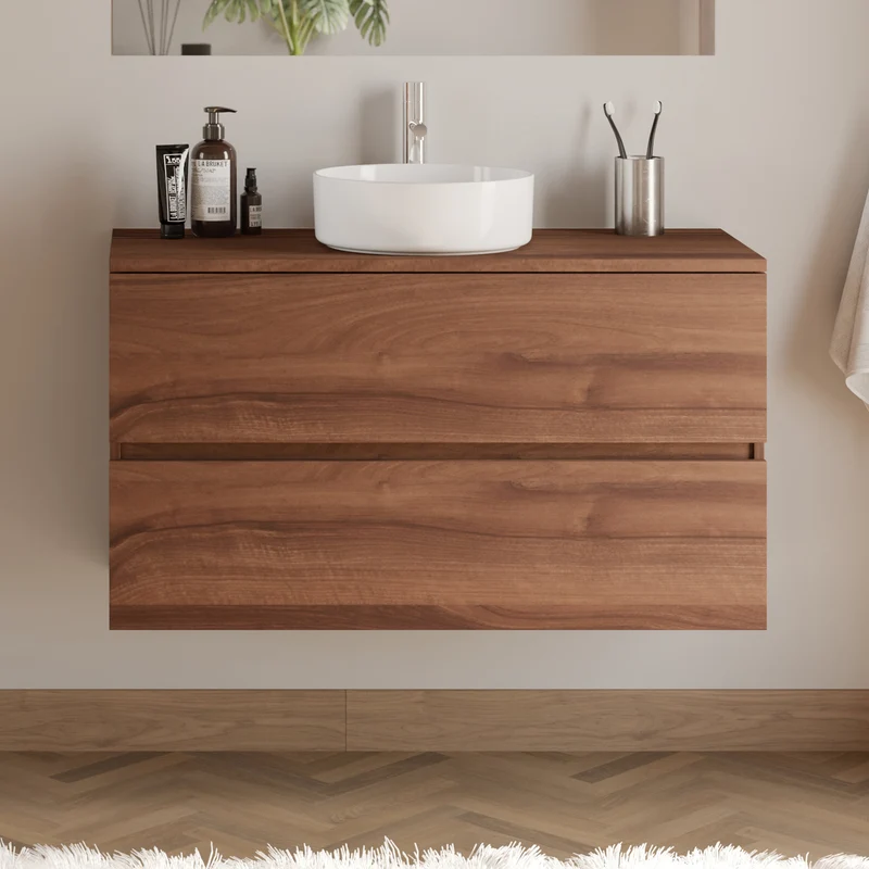 Meuble de salle de bain 90cm avec plateau et vasque à poser ronde - 2 tiroirs - IDA