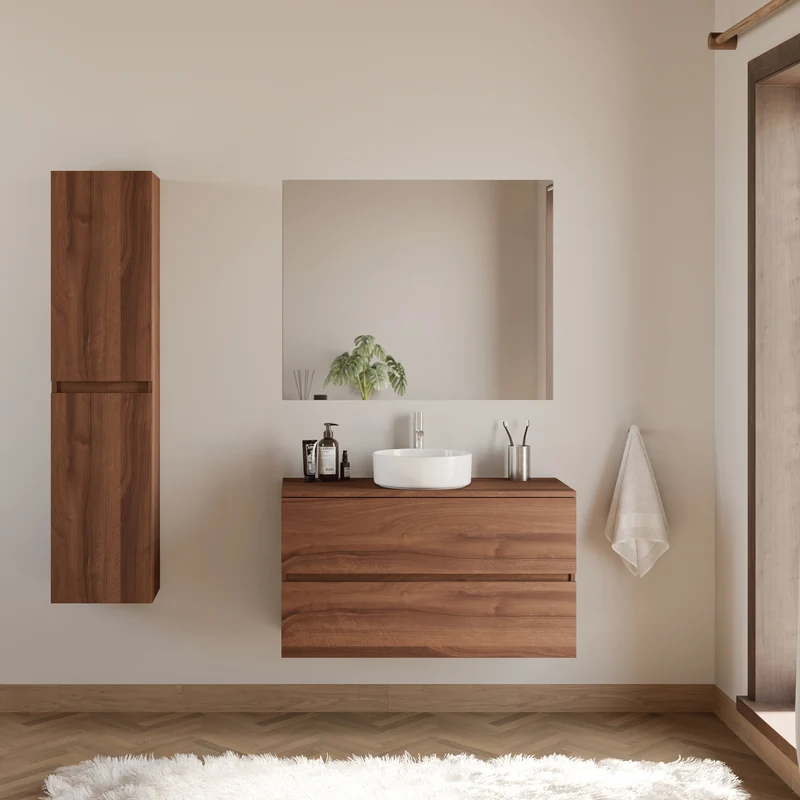 Meuble de salle de bain 90cm avec plateau et vasque à poser ronde - 2 tiroirs - IDA