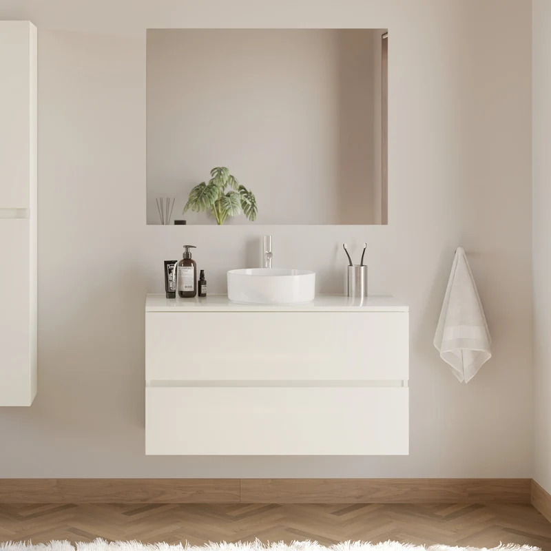 Meuble de salle de bain 90cm avec plateau et vasque à poser ronde - 2 tiroirs - IDA