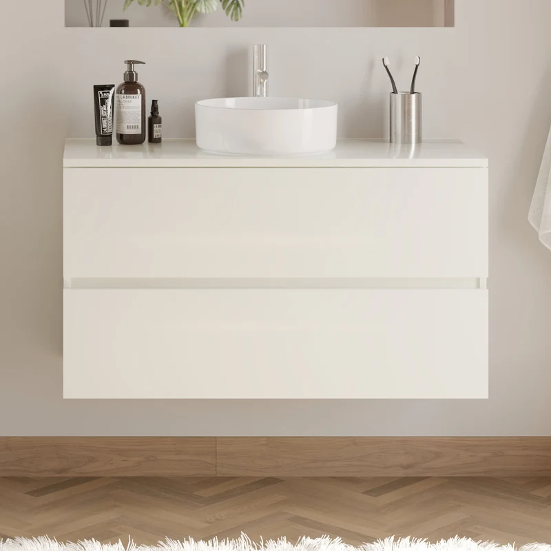 Meuble de salle de bain 90cm avec plateau et vasque à poser ronde - 2 tiroirs - IDA