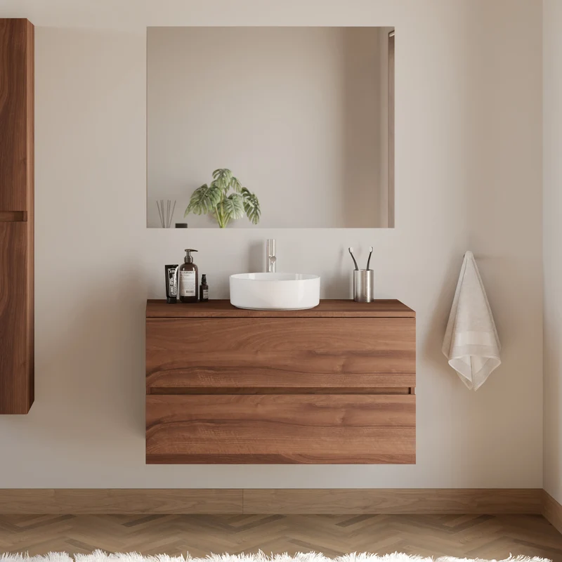 Meuble de salle de bain 90cm avec plateau et vasque à poser ronde - 2 tiroirs - IDA