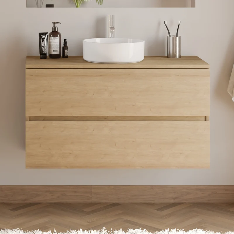 Meuble de salle de bain 90cm avec plateau et vasque à poser ronde - 2 tiroirs - IDA