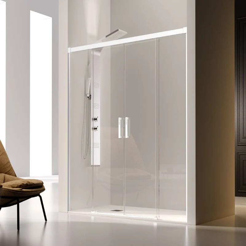 Mampara de ducha frontal 2 Fijos + 2 Puertas Correderas GLASÉ perfil Blanco
