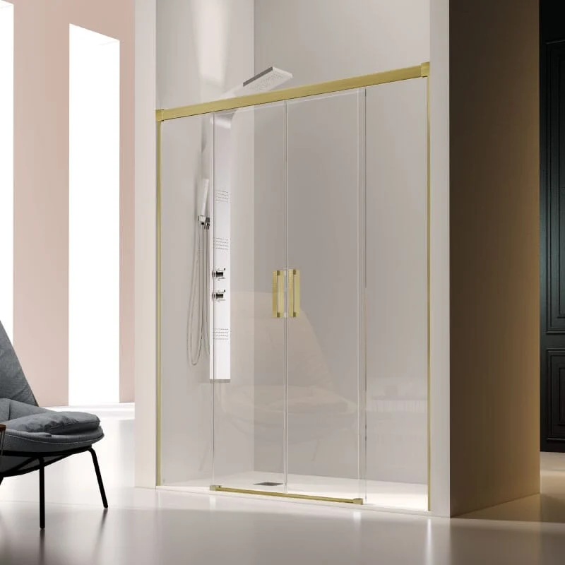 Mampara de ducha frontal 2 Fijos + 2 Puertas Correderas GLASÉ perfil Oro cepillado