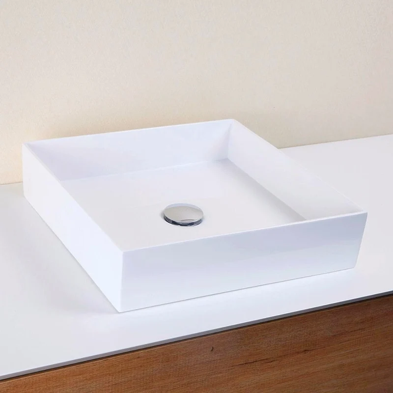 Oferta - Lavabo blanco brillante sobre encimera cuadrado SIENA de mármol cultivado 42x42 cm