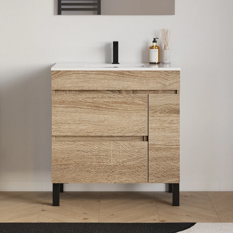 Meuble sous vasque seul, porte et tiroirs, 70cm, pour simple vasque - LAZARO