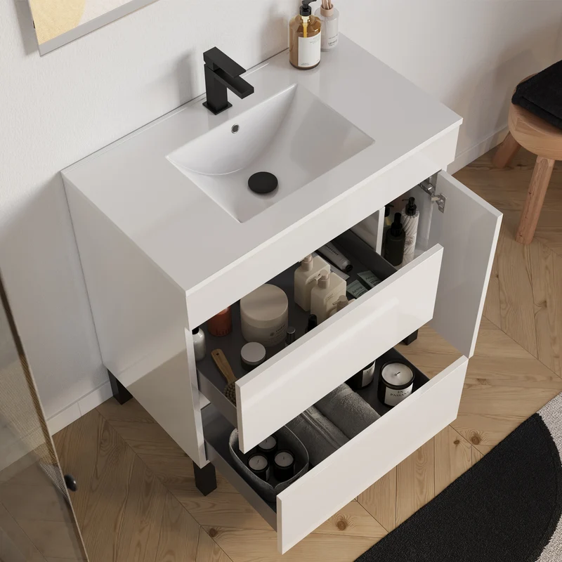 Meuble sous vasque seul, porte et tiroirs, 70cm, pour simple vasque - LAZARO
