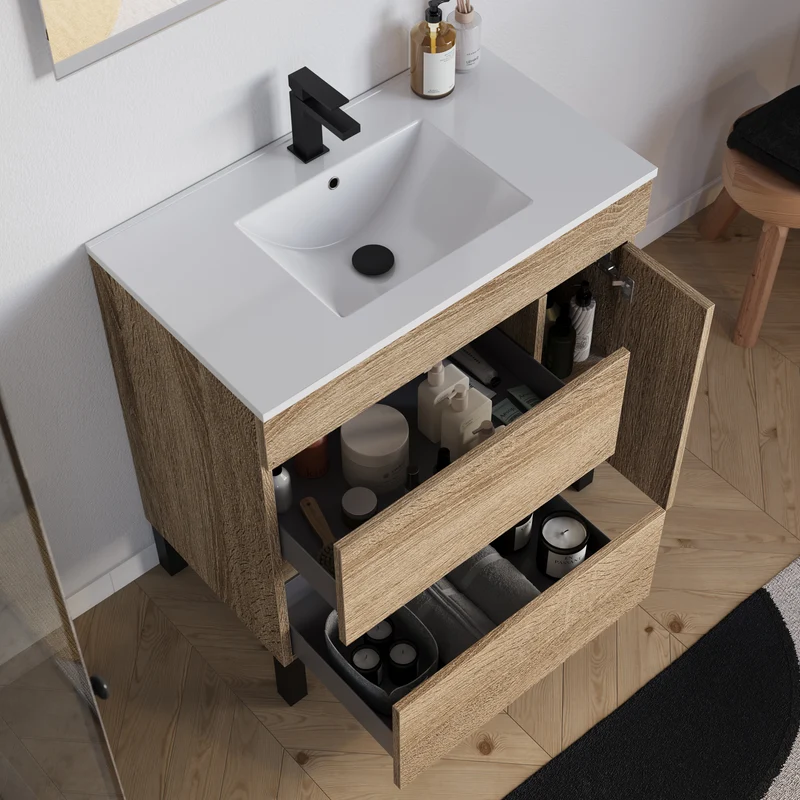 Meuble sous vasque seul, porte et tiroirs, 70cm, pour simple vasque - LAZARO