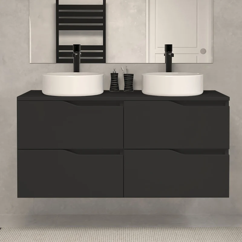 Meuble de salle de bain 120 avec plateau et 2 vasques à poser - 4 tiroirs - LUNA