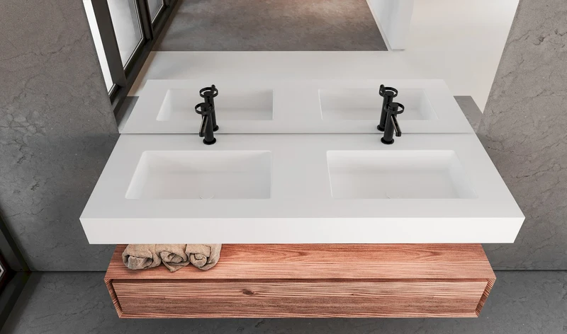 LEX encimera Solid Surface con 2 lavabos y faldón hasta 12 cm
