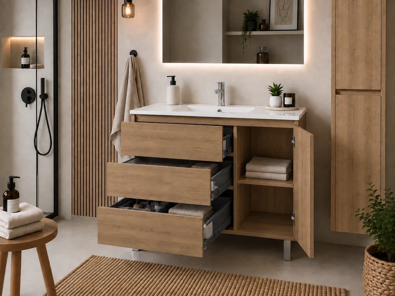 Kit mueble de baño VOLUM con lavabo + espejo LED + columna 140 cm + grifo monomando – Estepa – 80/100/120 cm