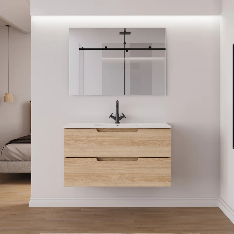 Meuble de salle de bain 100cm simple vasque - 2 tiroirs - SONRIZA
