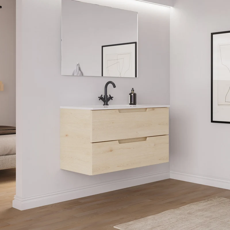 Meuble de salle de bain 100cm simple vasque - 2 tiroirs - SONRIZA