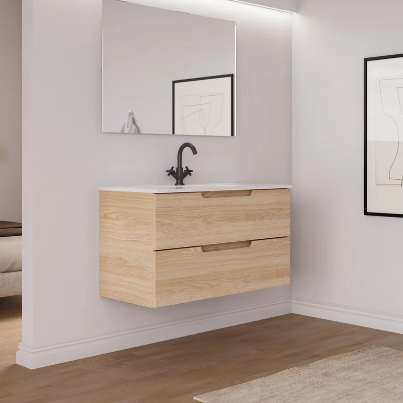 Meuble de salle de bain 100cm simple vasque - 2 tiroirs - SONRIZA