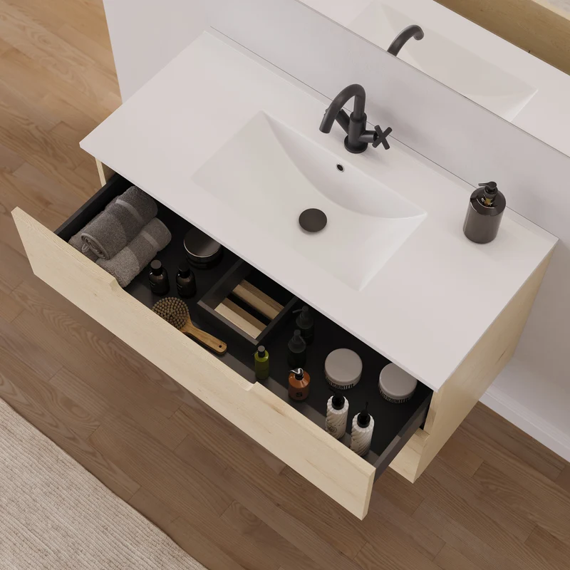 Meuble de salle de bain 100cm simple vasque - 2 tiroirs - SONRIZA