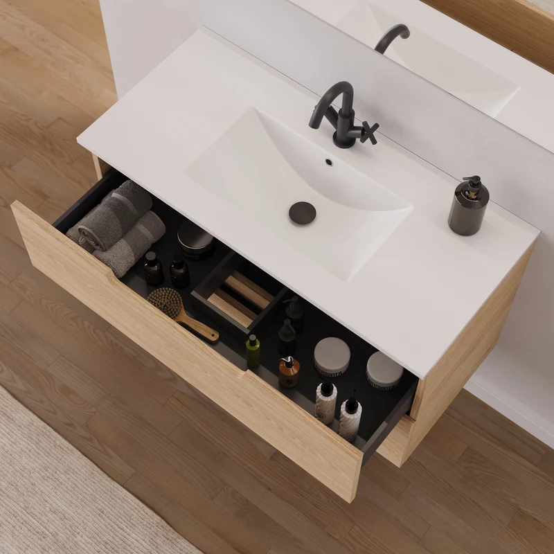 Meuble de salle de bain 100cm simple vasque - 2 tiroirs - SONRIZA