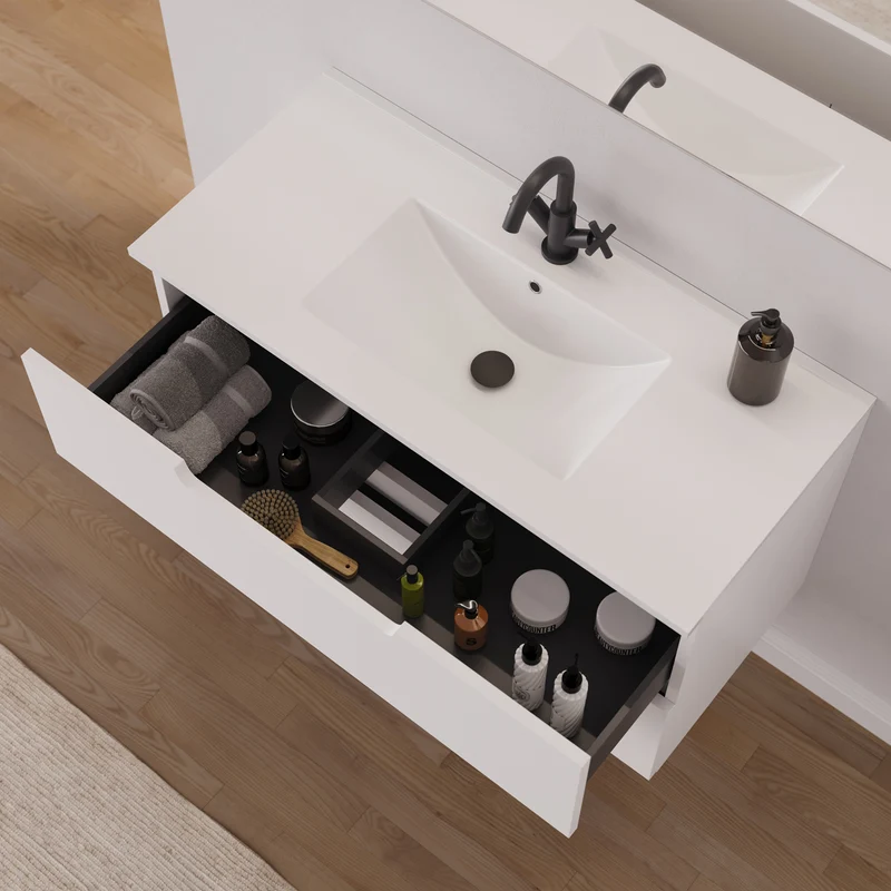 Meuble de salle de bain 100cm simple vasque - 2 tiroirs - SONRIZA