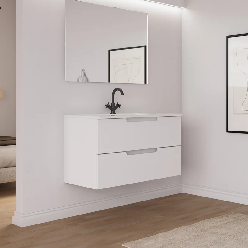 Meuble de salle de bain 100cm simple vasque - 2 tiroirs - SONRIZA