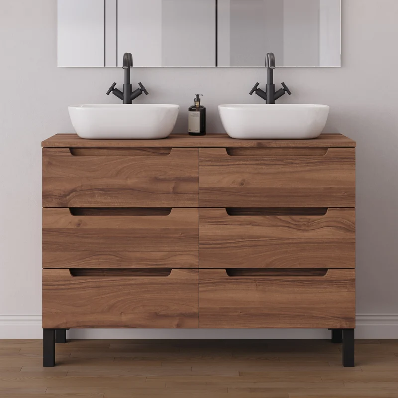 Meuble de salle de bain 120cm avec plateau et 2 vasques à poser arrondies - 6 tiroirs - RIZA