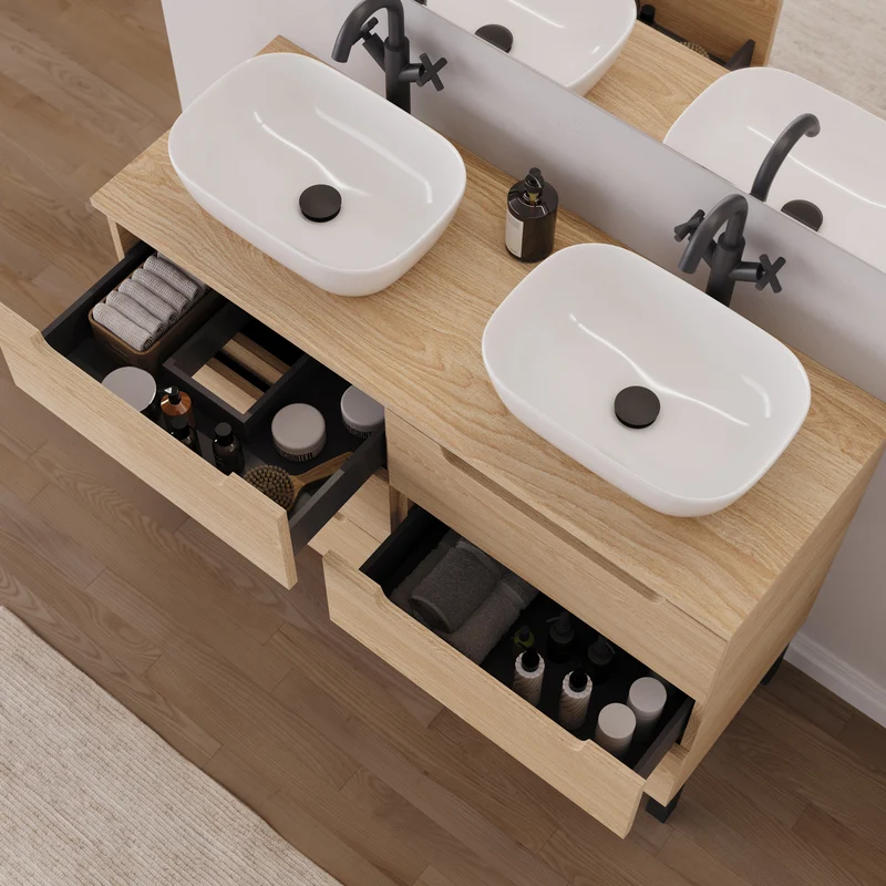 Meuble de salle de bain 120cm avec plateau et 2 vasques à poser arrondies - 6 tiroirs - RIZA