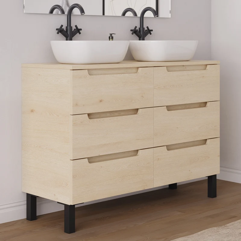 Meuble de salle de bain 120cm avec plateau et 2 vasques à poser arrondies - 6 tiroirs - RIZA
