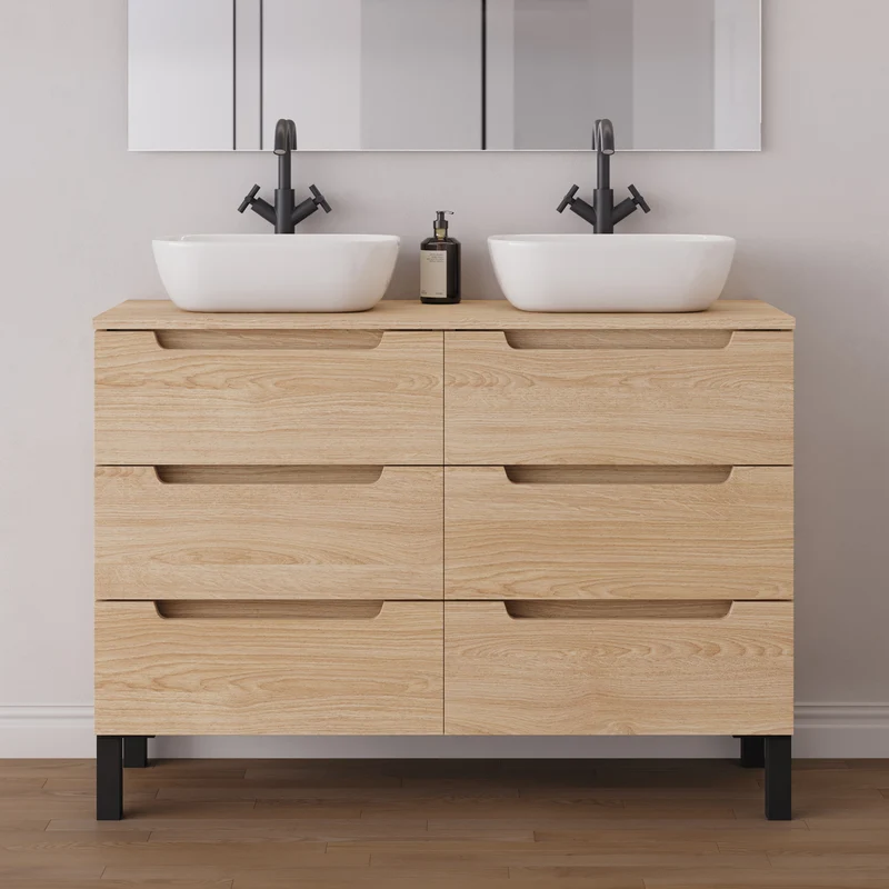 Meuble de salle de bain 120cm avec plateau et 2 vasques à poser arrondies - 6 tiroirs - RIZA