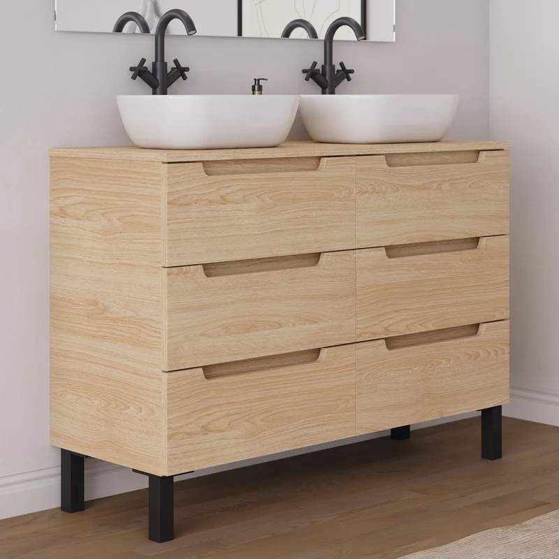 Meuble de salle de bain 120cm avec plateau et 2 vasques à poser arrondies - 6 tiroirs - RIZA