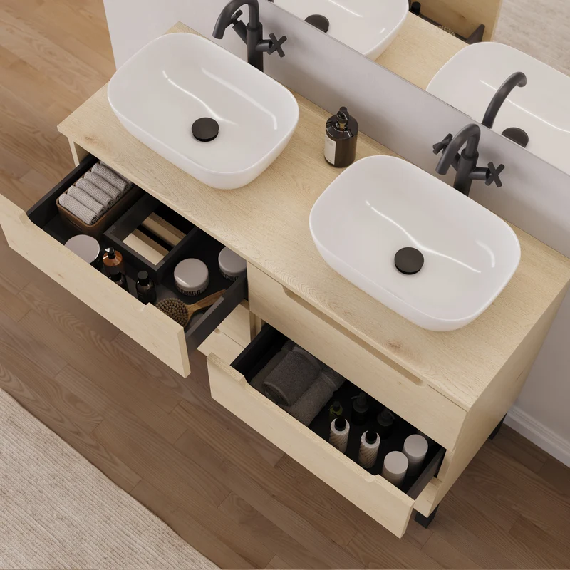 Meuble de salle de bain 120cm avec plateau et 2 vasques à poser arrondies - 6 tiroirs - RIZA