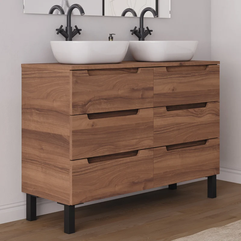 Meuble de salle de bain 120cm avec plateau et 2 vasques à poser arrondies - 6 tiroirs - RIZA