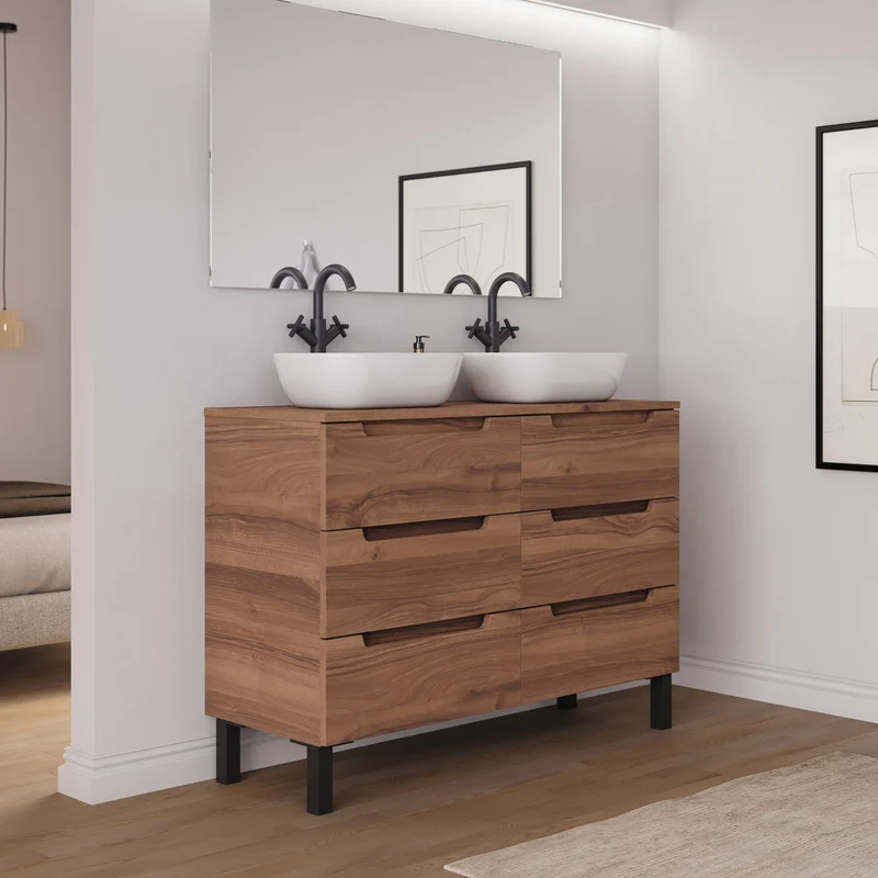 Meuble de salle de bain 120cm avec plateau et 2 vasques à poser arrondies - 6 tiroirs - RIZA
