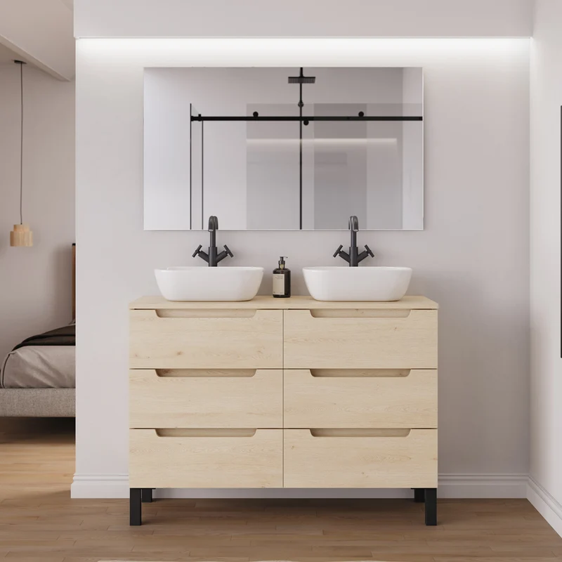 Meuble de salle de bain 120cm avec plateau et 2 vasques à poser arrondies - 6 tiroirs - RIZA