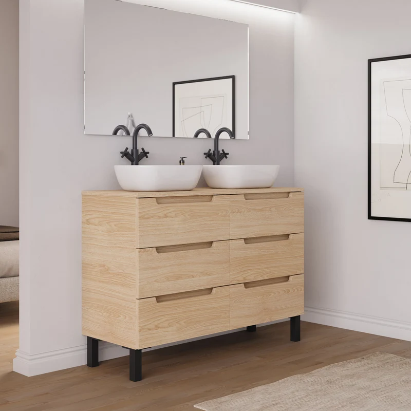 Meuble de salle de bain 120cm avec plateau et 2 vasques à poser arrondies - 6 tiroirs - RIZA