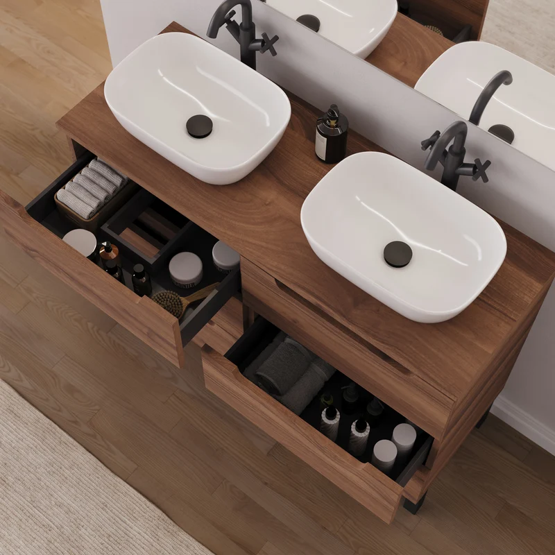 Meuble de salle de bain 120cm avec plateau et 2 vasques à poser arrondies - 6 tiroirs - RIZA