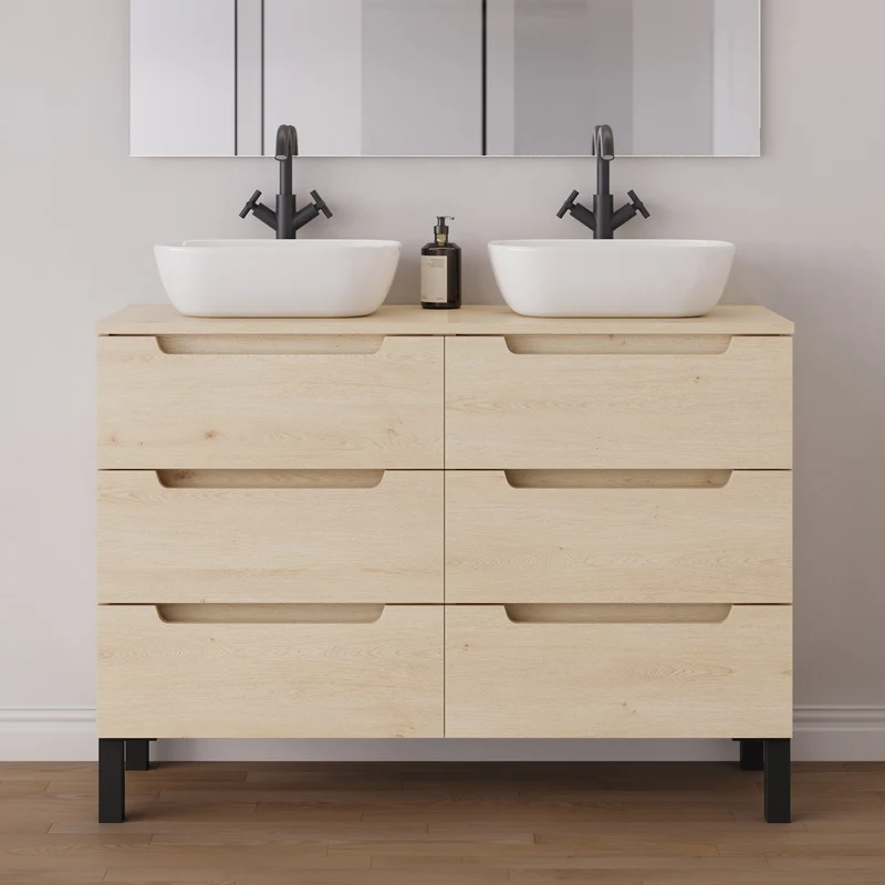 Meuble de salle de bain 120cm avec plateau et 2 vasques à poser arrondies - 6 tiroirs - RIZA
