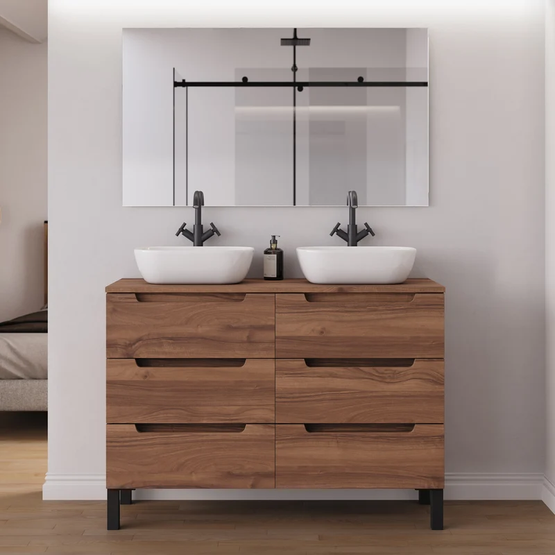 Meuble de salle de bain 120cm avec plateau et 2 vasques à poser arrondies - 6 tiroirs - RIZA