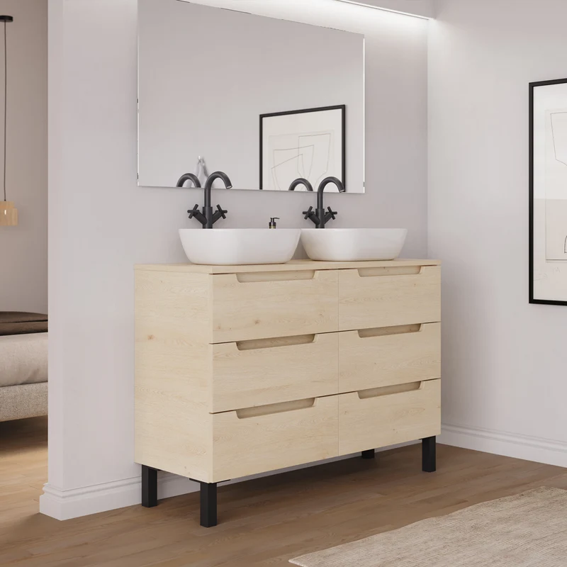 Meuble de salle de bain 120cm avec plateau et 2 vasques à poser arrondies - 6 tiroirs - RIZA