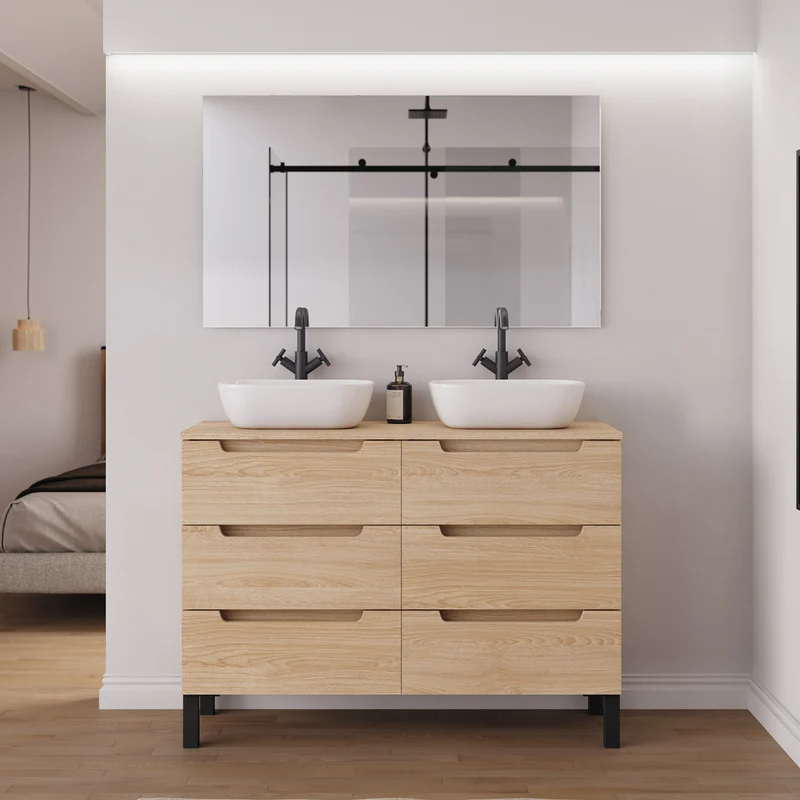 Meuble de salle de bain 120cm avec plateau et 2 vasques à poser arrondies - 6 tiroirs - RIZA