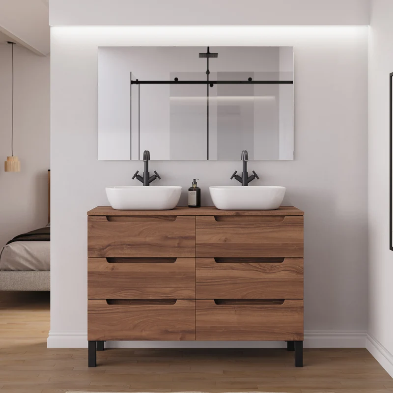 Meuble de salle de bain 120cm avec plateau et 2 vasques à poser arrondies - 6 tiroirs - RIZA