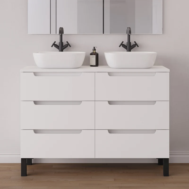 Meuble de salle de bain 120cm avec plateau et 2 vasques à poser arrondies - 6 tiroirs - RIZA
