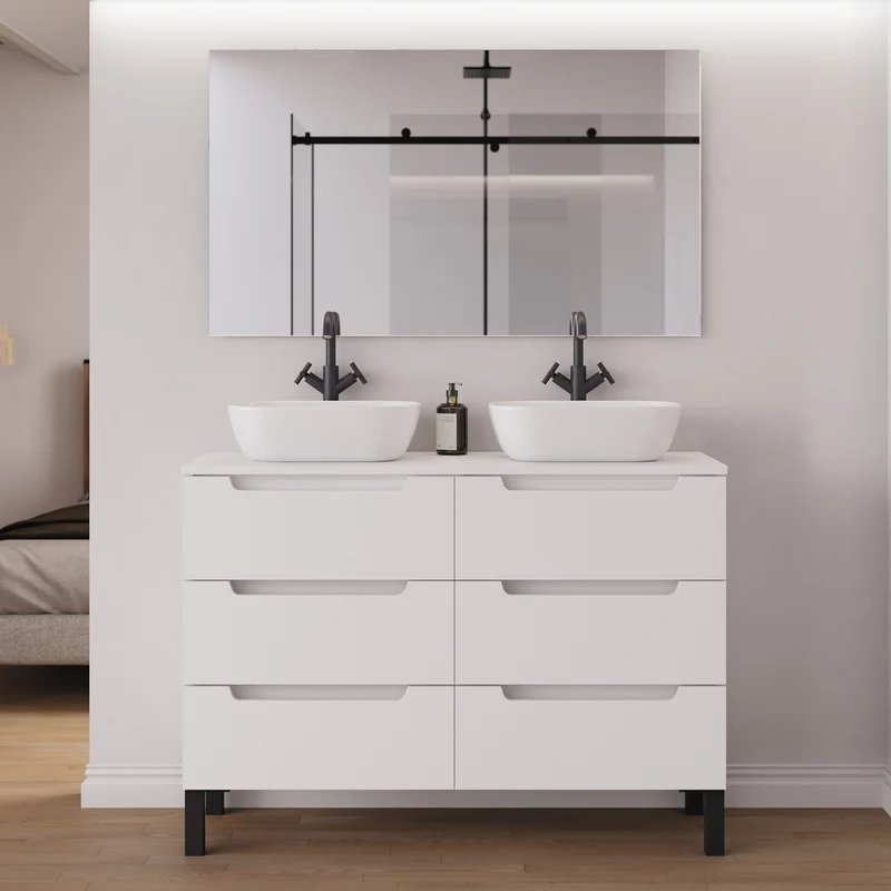 Meuble de salle de bain 120cm avec plateau et 2 vasques à poser arrondies - 6 tiroirs - RIZA