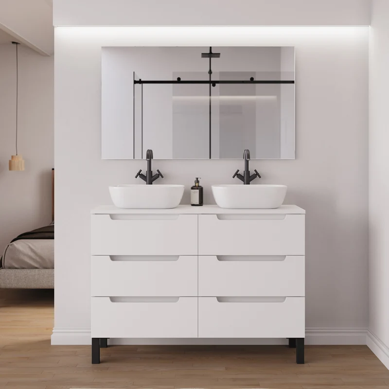 Meuble de salle de bain 120cm avec plateau et 2 vasques à poser arrondies - 6 tiroirs - RIZA