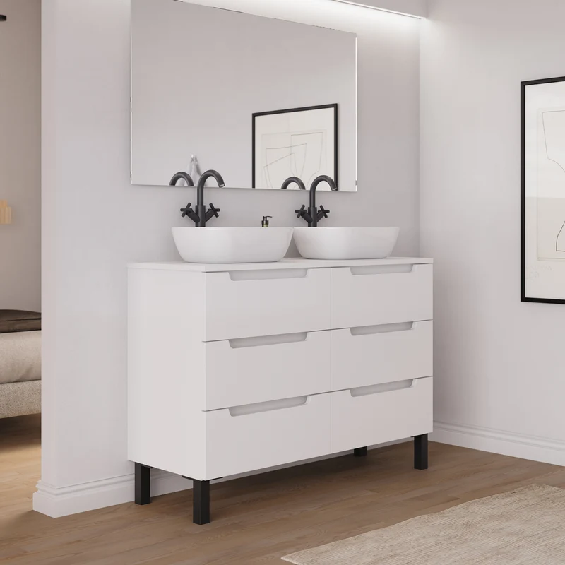 Meuble de salle de bain 120cm avec plateau et 2 vasques à poser arrondies - 6 tiroirs - RIZA