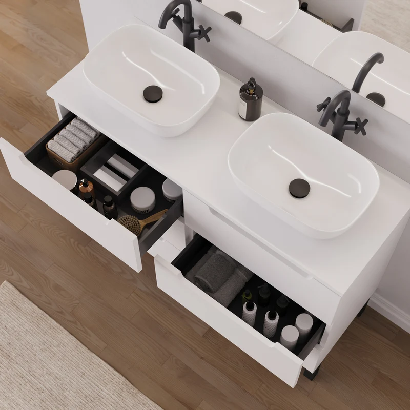 Meuble de salle de bain 120cm avec plateau et 2 vasques à poser arrondies - 6 tiroirs - RIZA