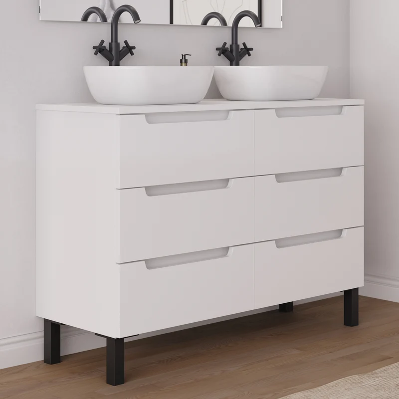 Meuble de salle de bain 120cm avec plateau et 2 vasques à poser arrondies - 6 tiroirs - RIZA