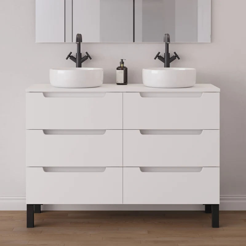 Meuble de salle de bain 140cm avec plateau et 2 vasques à poser rondes - 6 tiroirs - RIZA
