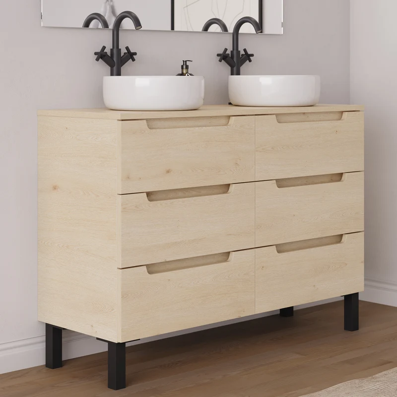 Meuble de salle de bain 140cm avec plateau et 2 vasques à poser rondes - 6 tiroirs - RIZA
