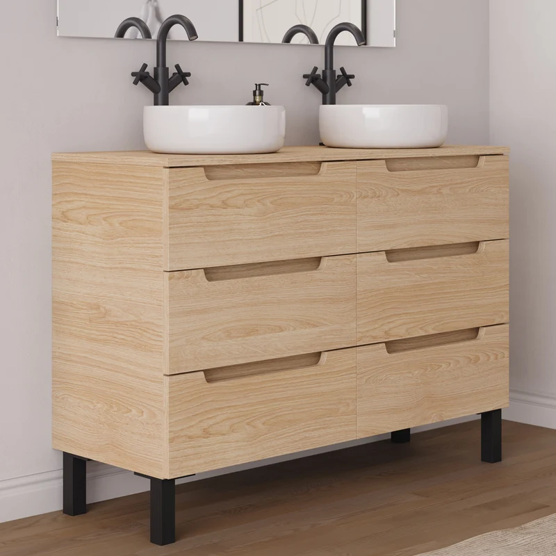Meuble de salle de bain 140cm avec plateau et 2 vasques à poser rondes - 6 tiroirs - RIZA