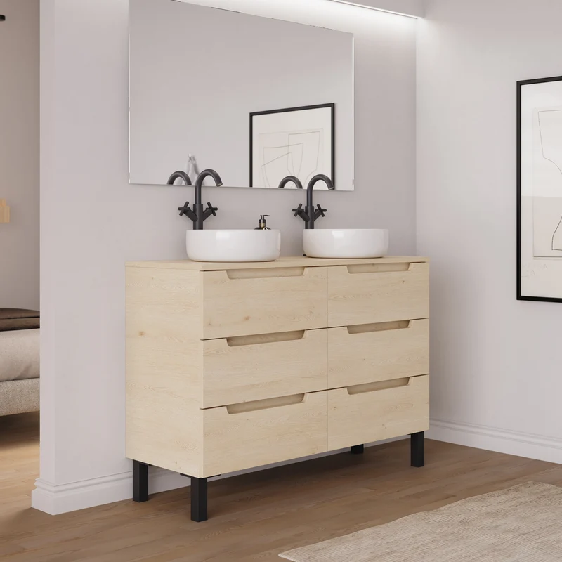 Meuble de salle de bain 140cm avec plateau et 2 vasques à poser rondes - 6 tiroirs - RIZA