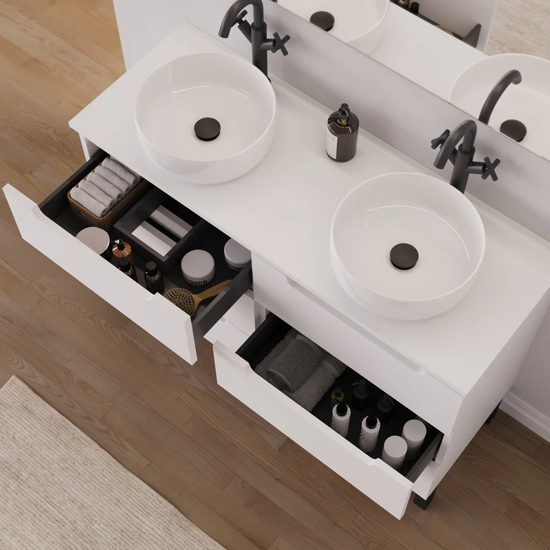 Meuble de salle de bain 140cm avec plateau et 2 vasques à poser rondes - 6 tiroirs - RIZA